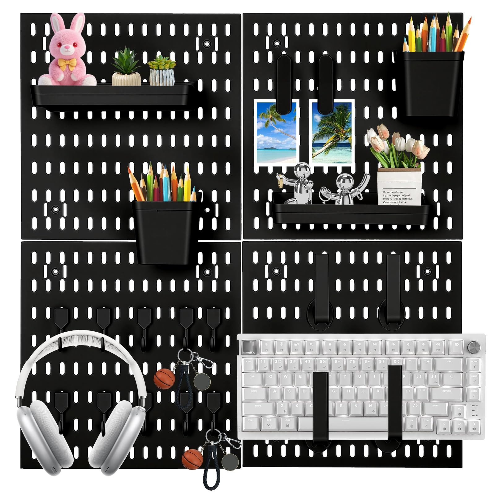 24 PCS Pegboard Organizer Wall Mount Kit 4 Panels Accessories Black 24×24 Inch