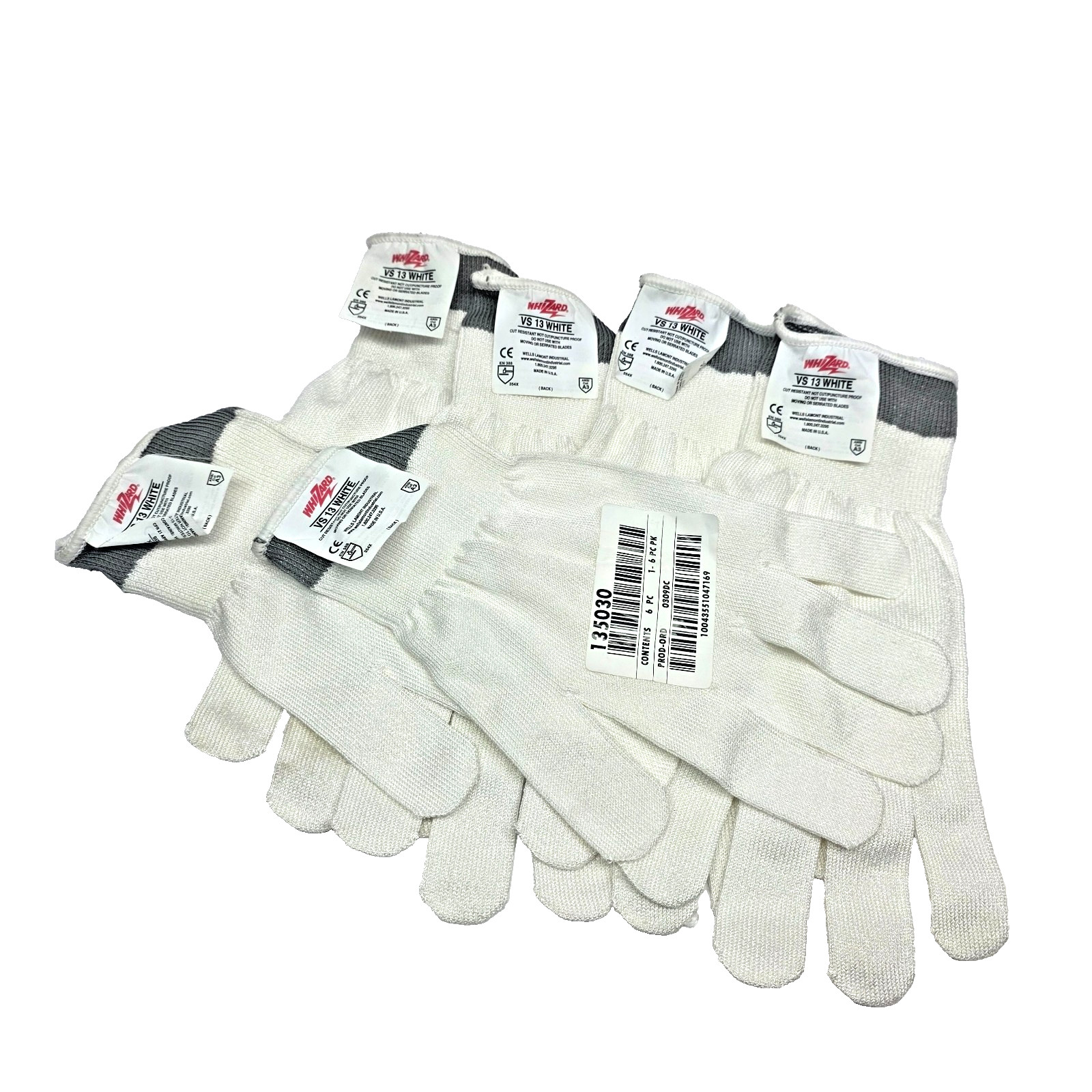 (6) Whizard 135030 VS13 White L White Edge 13 GA Light Duty Cut Resistant Glove