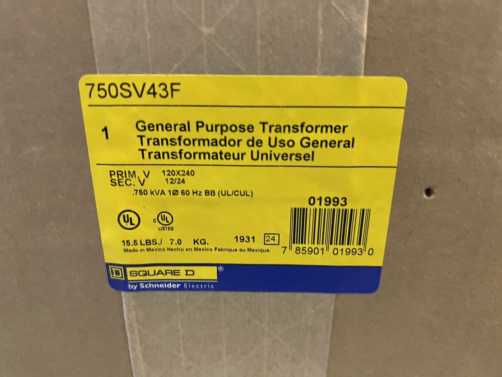 750SV43F Square D .750 KVA 120/240 12/24 Control Transformer