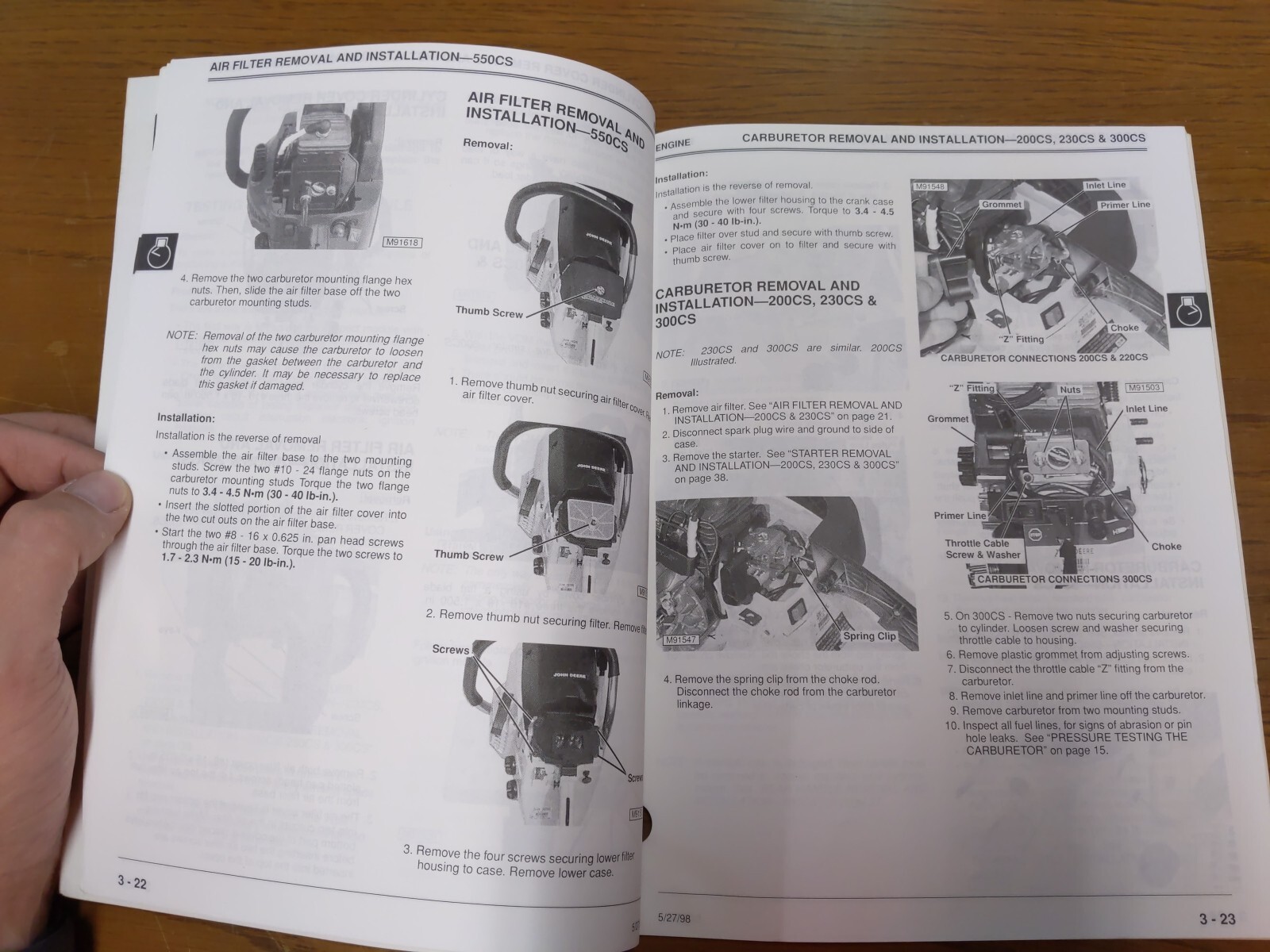 John Deere 200CS,230CS,300CS,550CS Chainsaws Technical Manual, TM1750