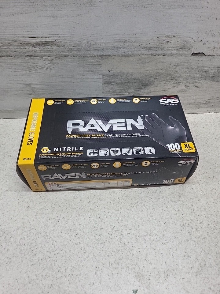 SAS Raven 66519 Nitrile Gloves XLarge Black 7 Mil Powder Free Exam Grade Box 100