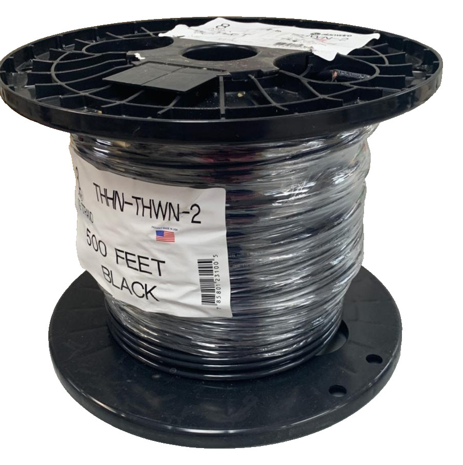New 500’ 8 AWG THHN THWN Black RoHS Stranded 600V Copper Wire Spool