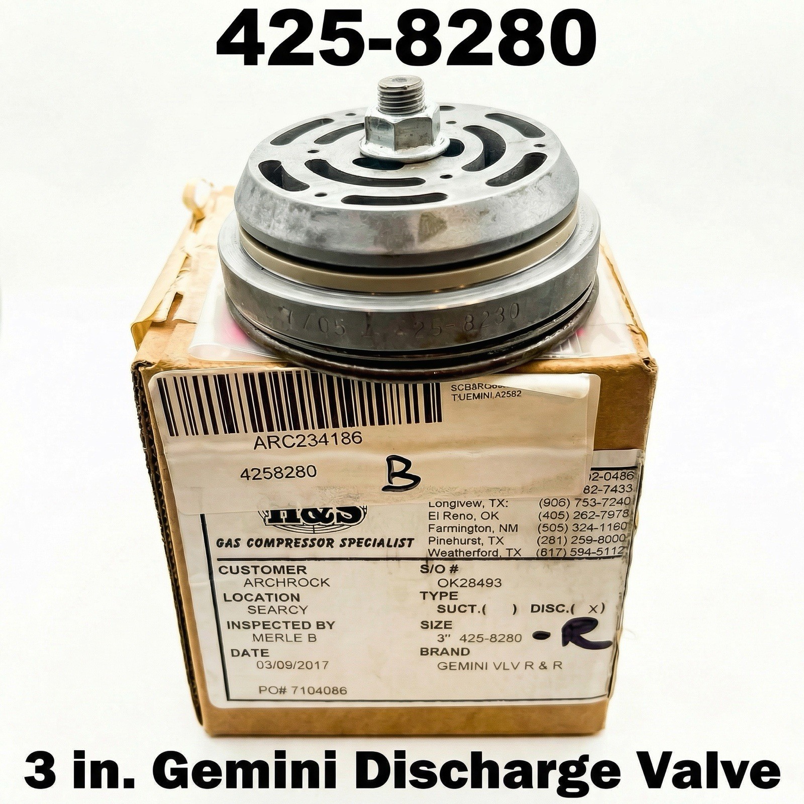 Gemini 425-8280 425-8280-R Compressor Discharge Valve 3 inch H&S Rebuilt