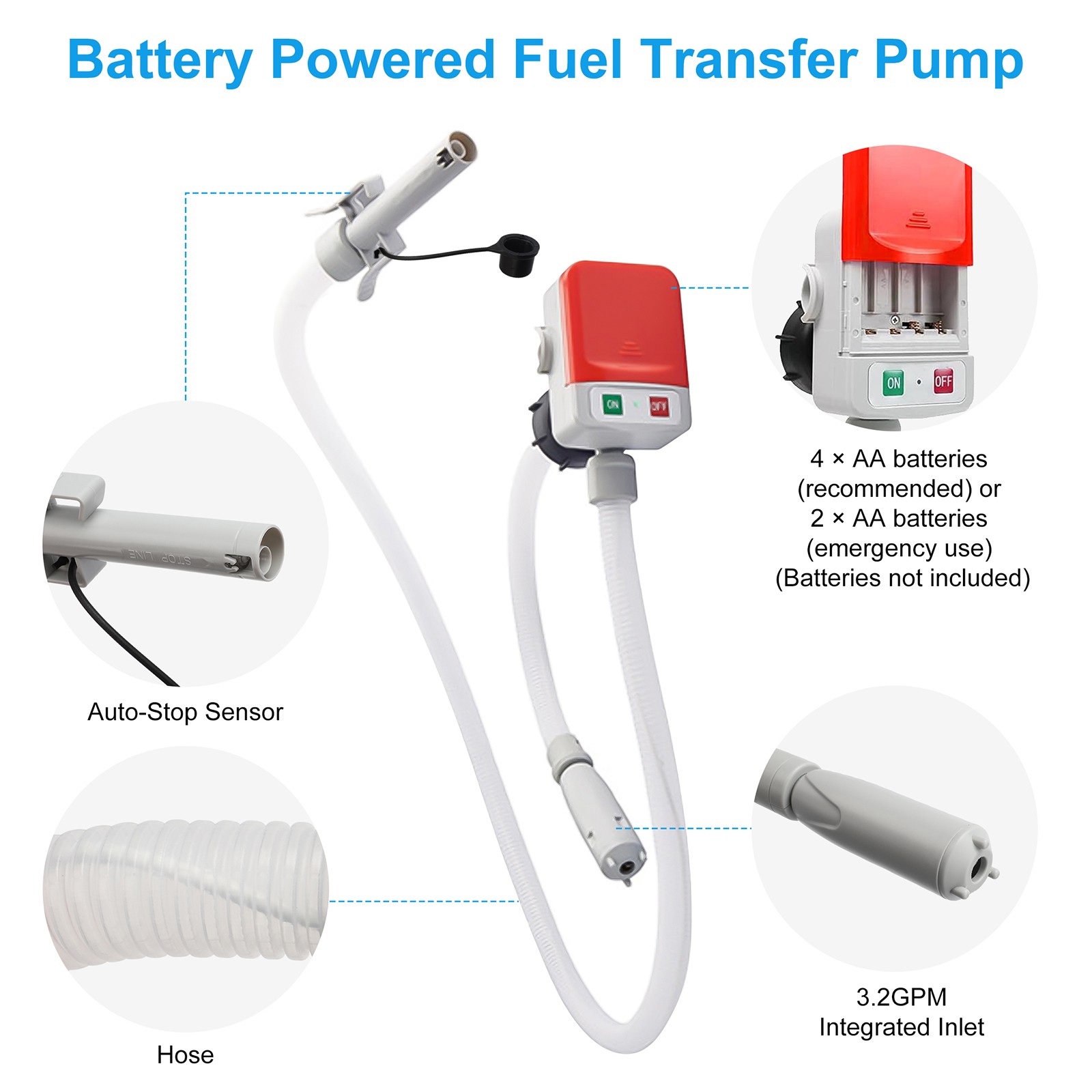 3.2 GPM Battery Powered Liquid Fuel Transfer Pump w/ Auto Stop & 3 Tank Adapters