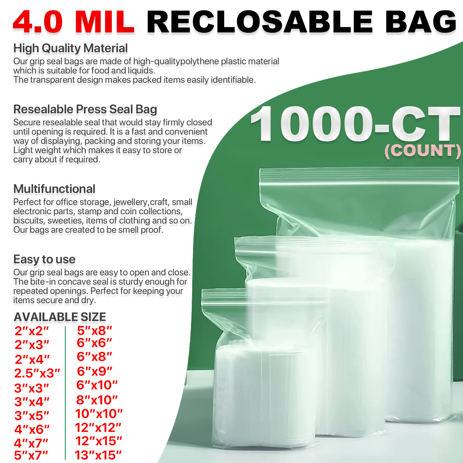 x1000, 4.0 Mil Thickness Zipper Reclosable Ziplock CLEAR Plastic Seal Poly Bags