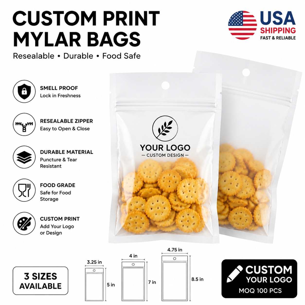 100pcs Custom Logo Mylar Bags Resealable White Pouches Candy Nut Packaging
