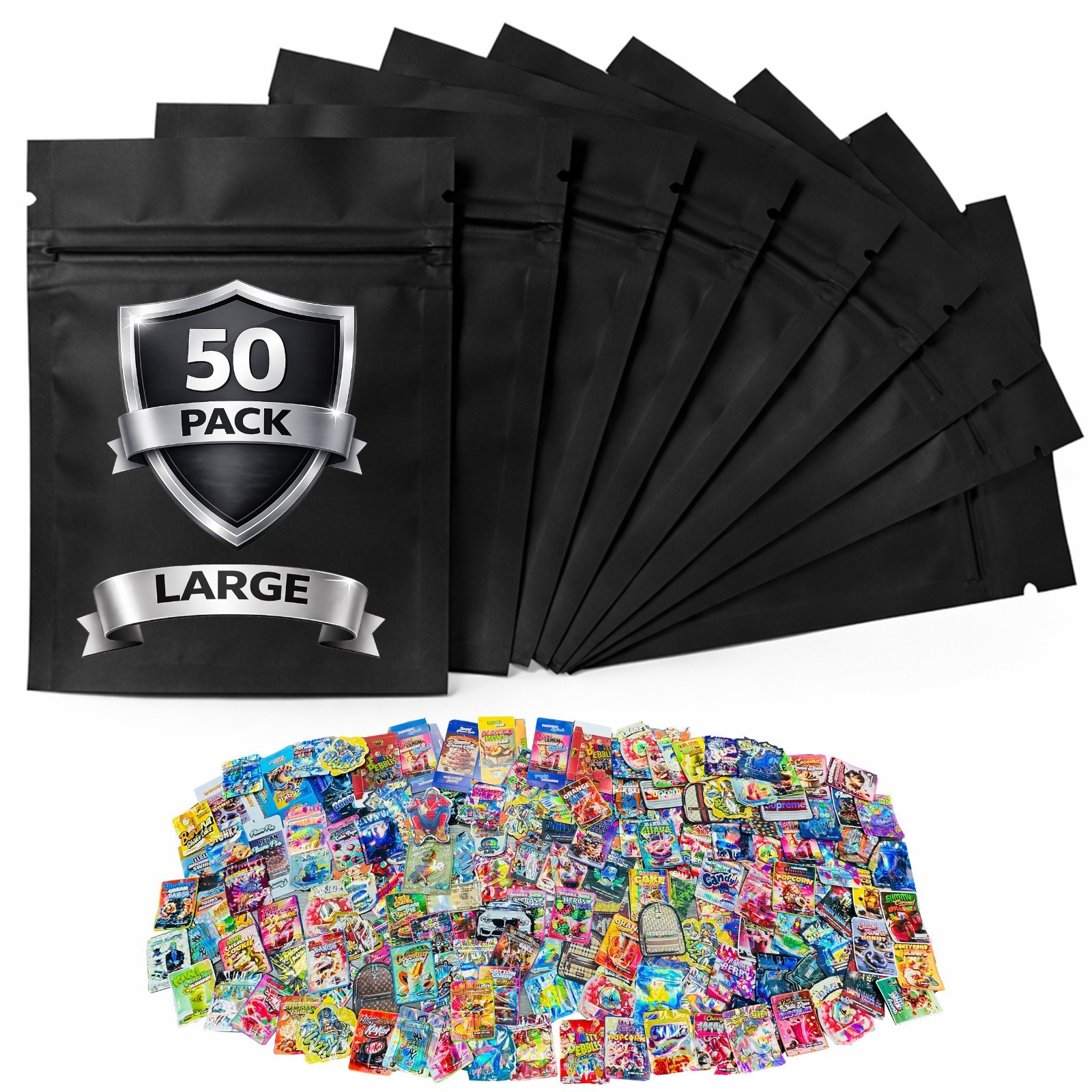 50 Pack 28g Mylar Bags Assorted Designs Smell Proof 1oz Resealable Zip Pouches