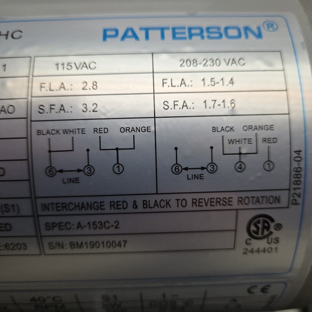 Patterson 10035PHC 1/4Hp Fan Motor 1Ph 1725Rpm 60Hz 56Z Frame 115Vac 208-230 New
