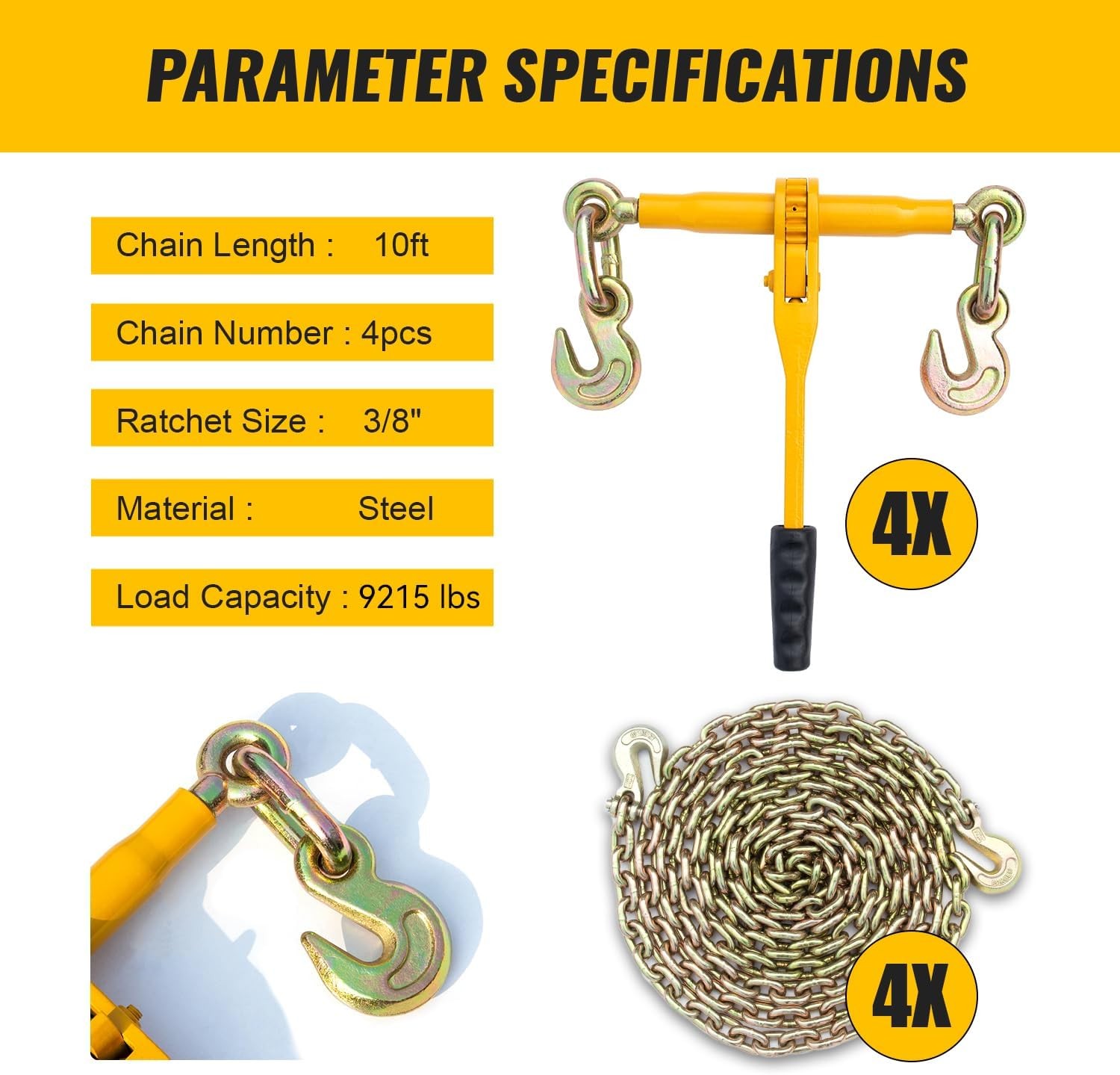 Chain and Binder Kit 3/8″-1/2″ / 5/16”-3/8”Ratchet Load Binder 10′ / 20″ Chain