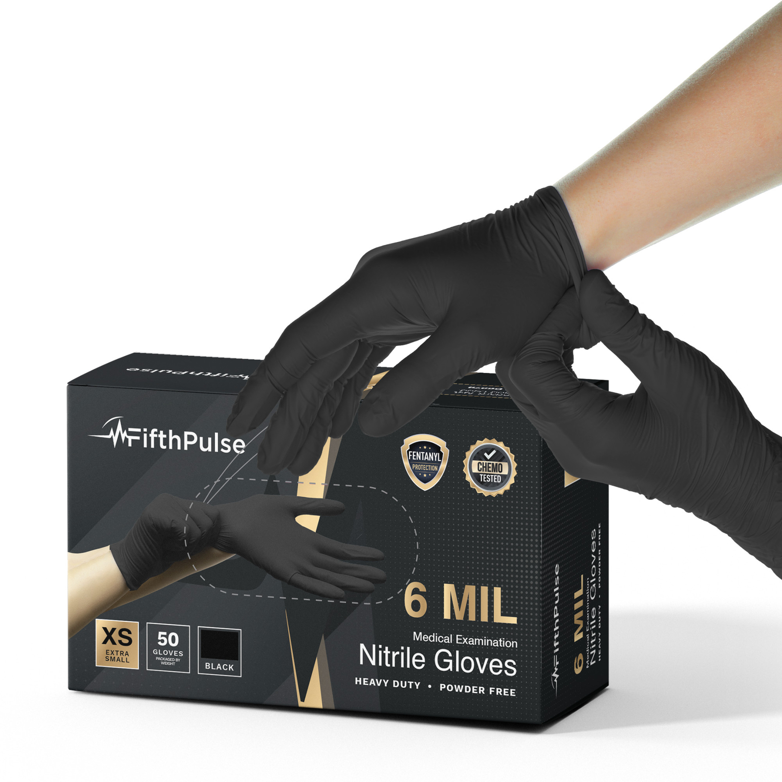 FifthPulse ChemoTested Fentanyl Resistant Nitrile Exam Gloves Black 50 Gloves XS