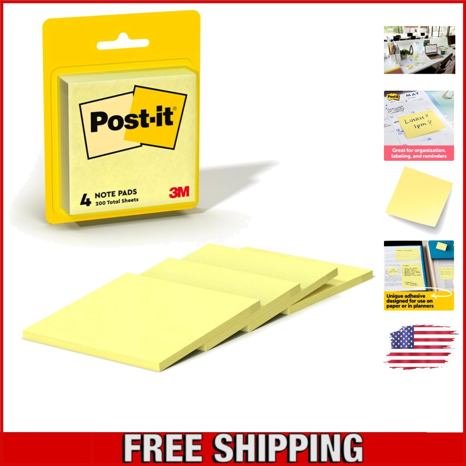 3×3 Canary Yellow Post-it Notes – 4 Pads of 50 Sheets, Ideal for Office & School