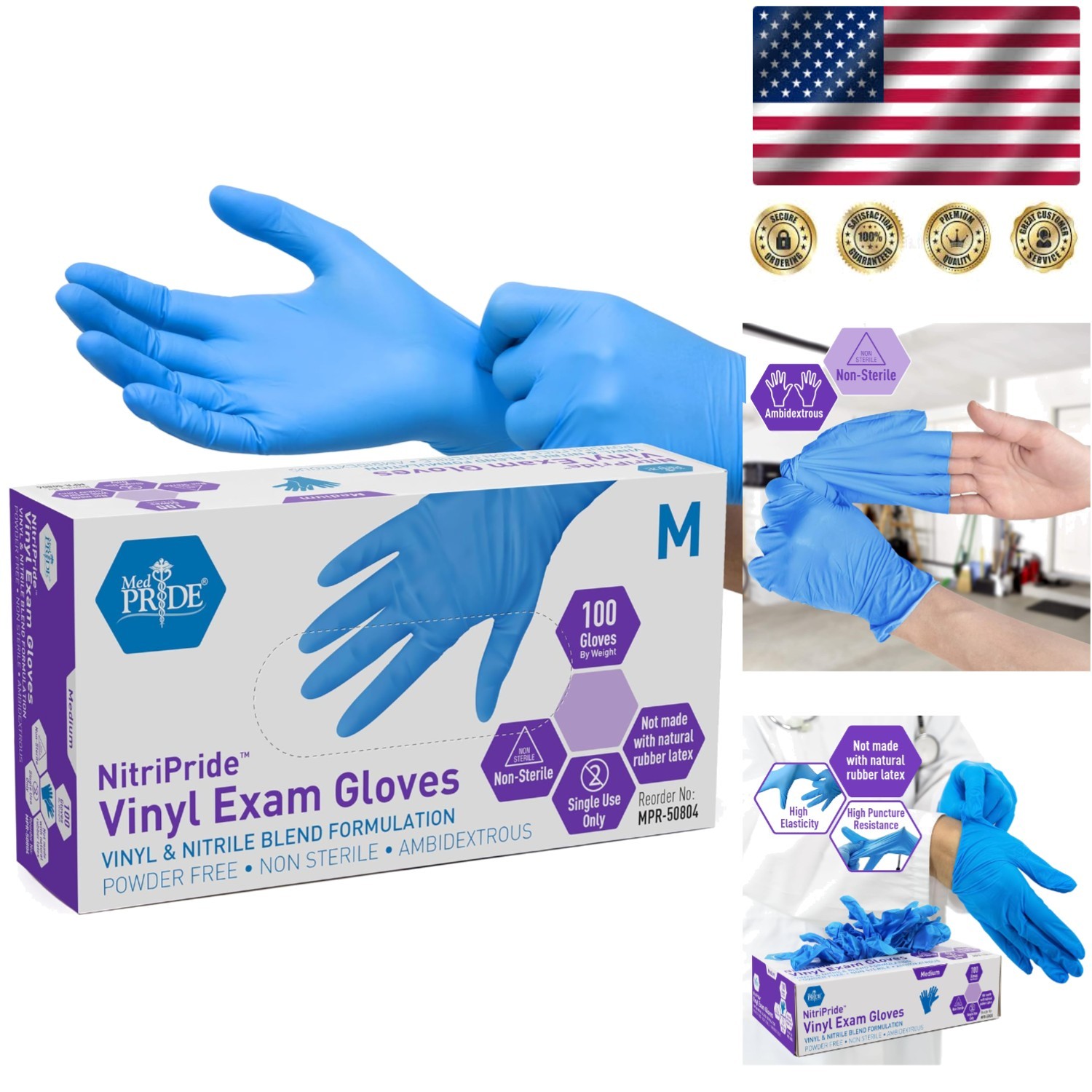 Nitrile/Vinyl Exam Gloves – Powder-Free, Latex-Free, Box of 100 – Medium
