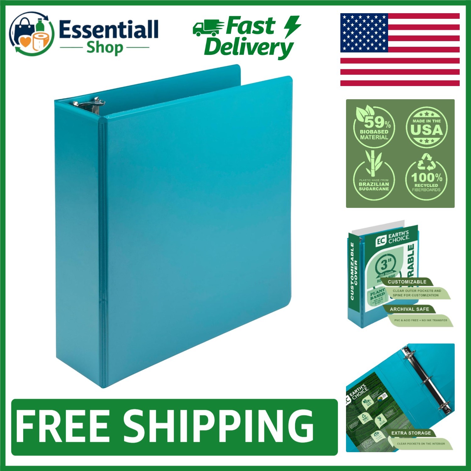 Customizable Turquoise 3-Inch Binder – Plant-Based, Archival Safe for Documents