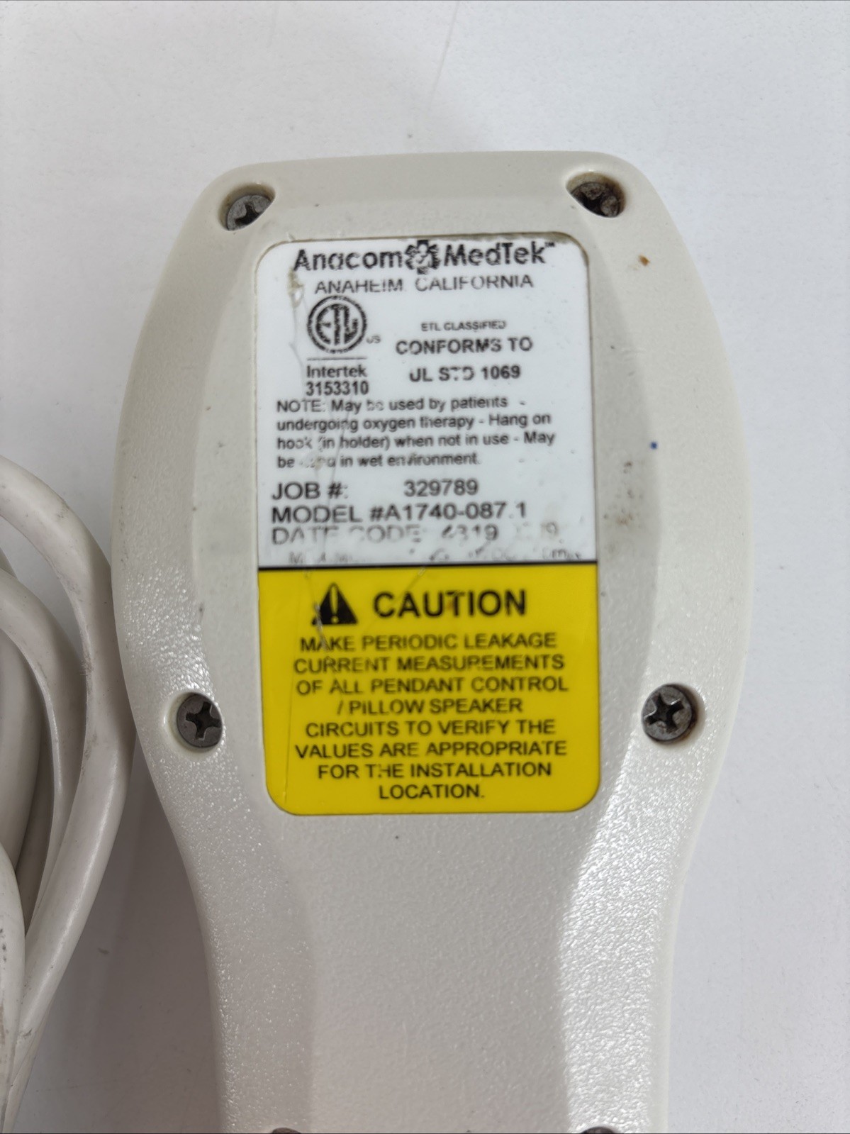 Anacom Medtek A1740-087.1/A1579-087.1 Pillow Speaker, Nurse Call Remote