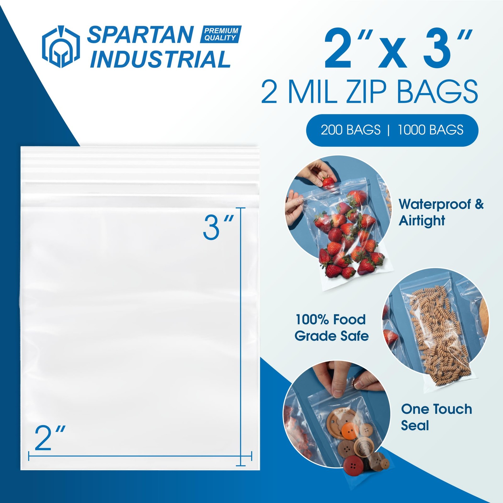 2×3 Clear Reclosable Zip Plastic Poly Bags, 2 Mil, 1000 Count