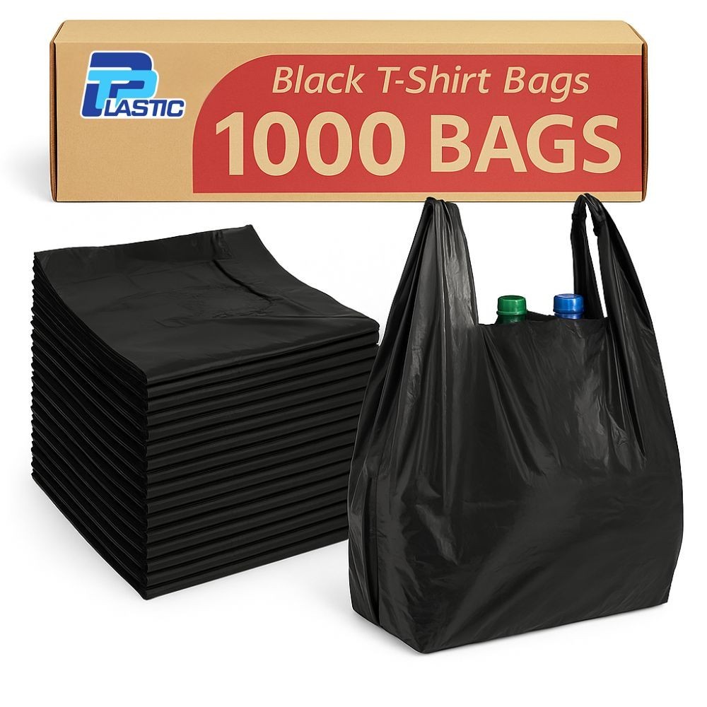 Black T Shirt Bags Plastic Grocery Shopping Carry Out Bag 11.5”x6.5”x22”