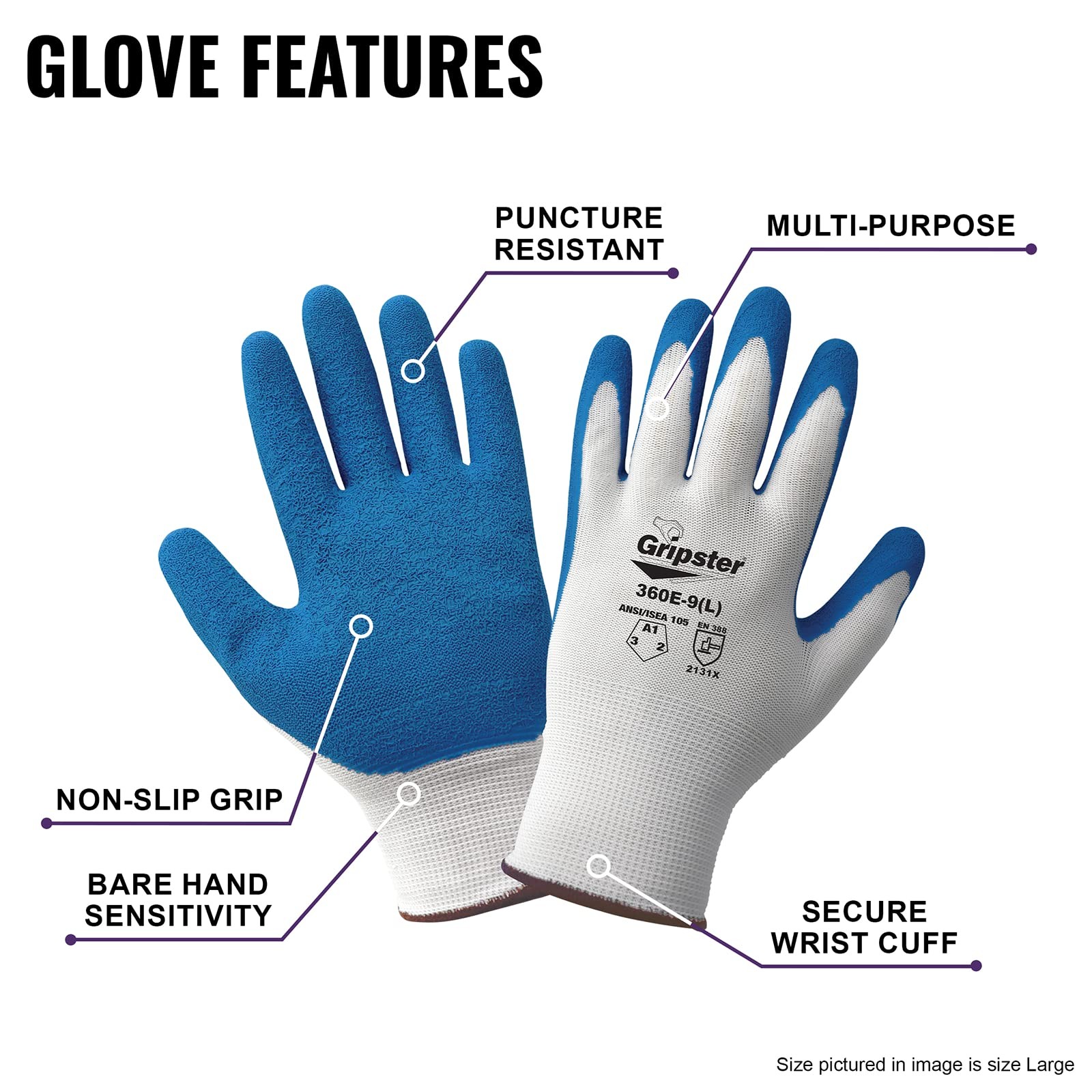 Gripster General Purpose Abrasion and Puncture Resistant Gloves, Lightweight 13-