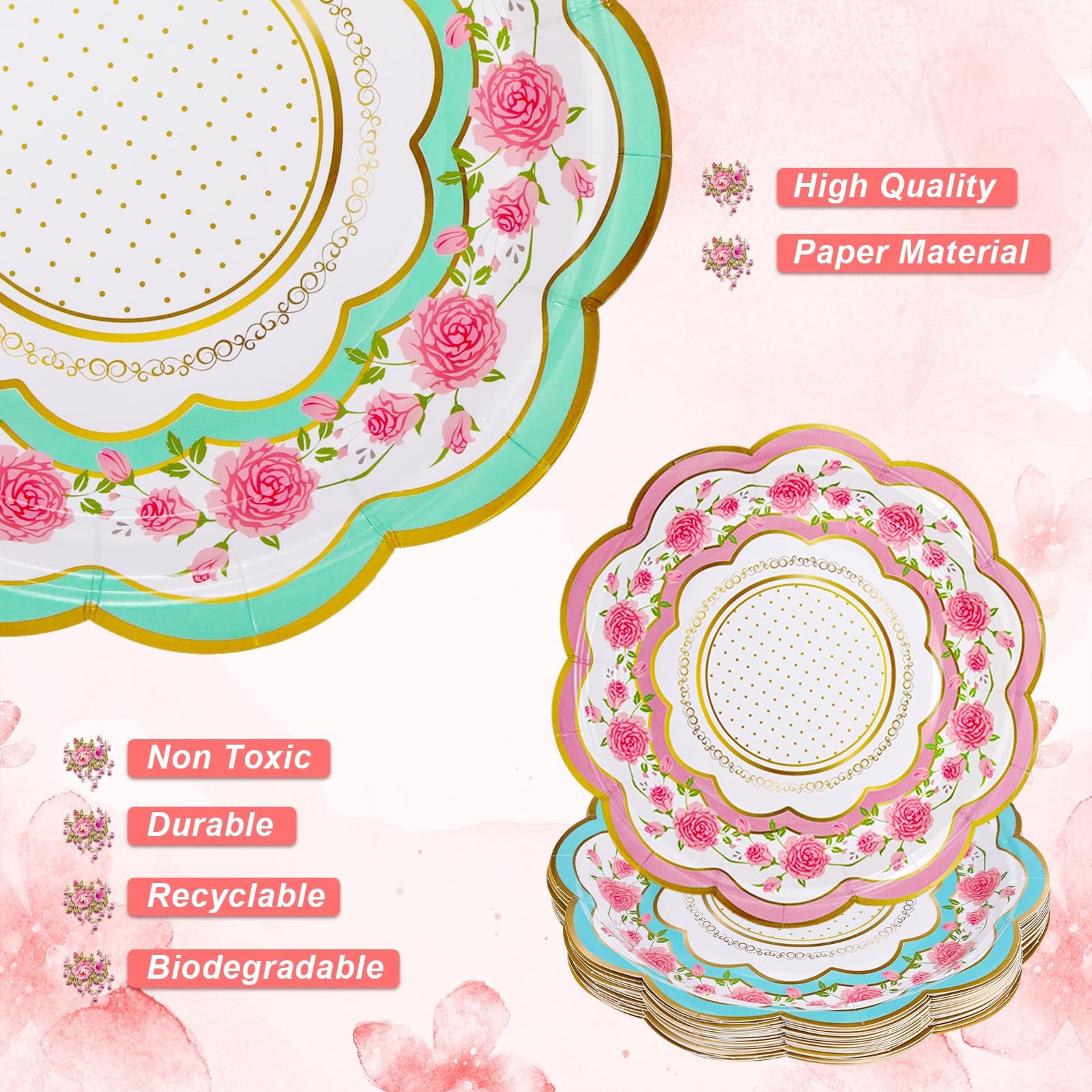 100 Sets Floral Paper Tea Cups and Saucers Disposable Paper Tea Party Supplie…
