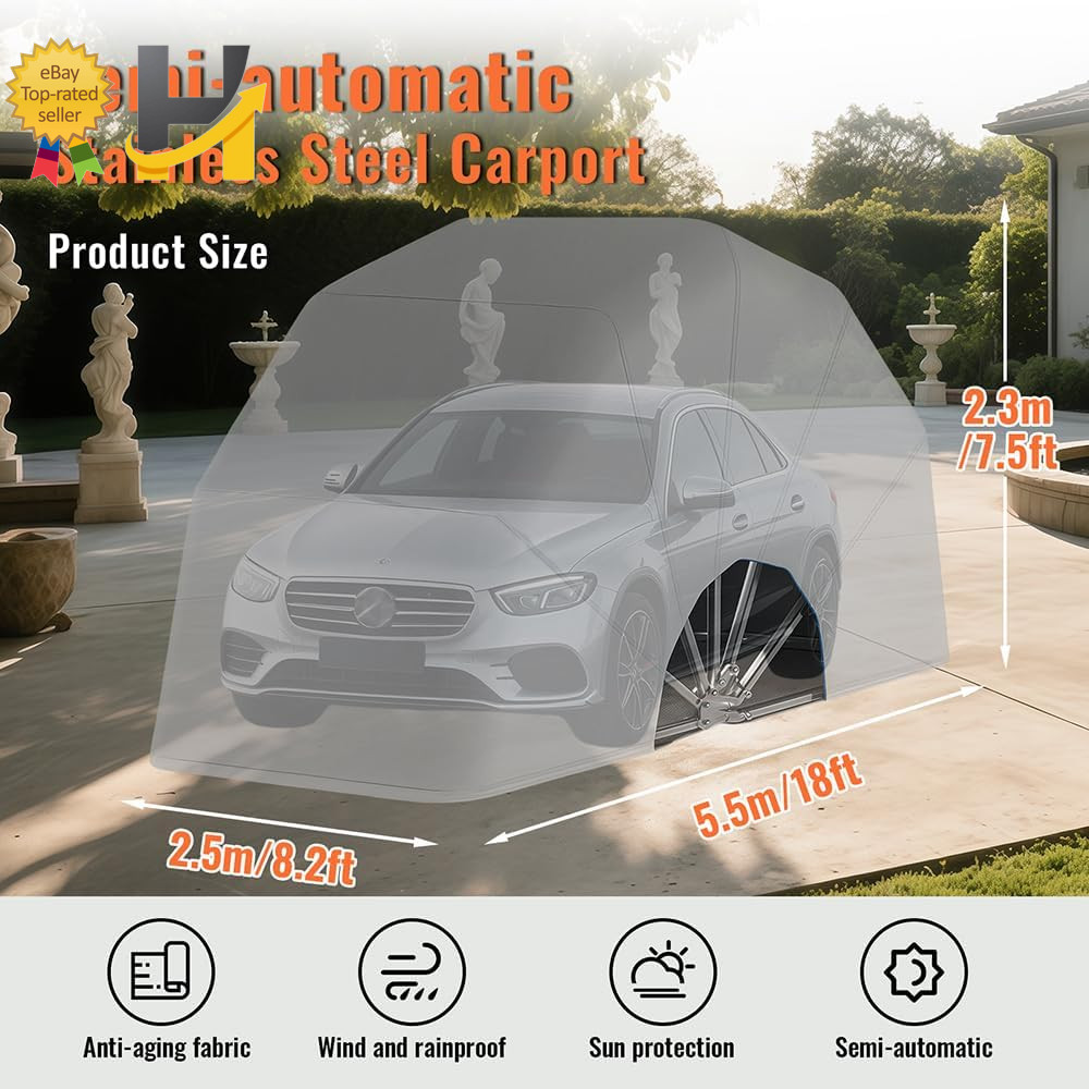 Retractable Carport Semi-Automatic Foldable Car Port Stainless Steel Portable Ga