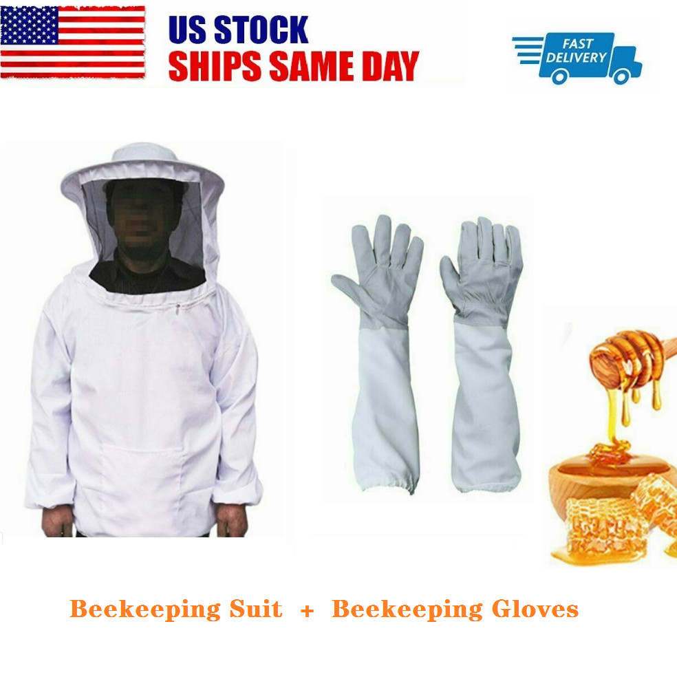 Beekeeping Protective Jacket Veil Suit + Beekeeping Long Sleeve Gloves Set USA