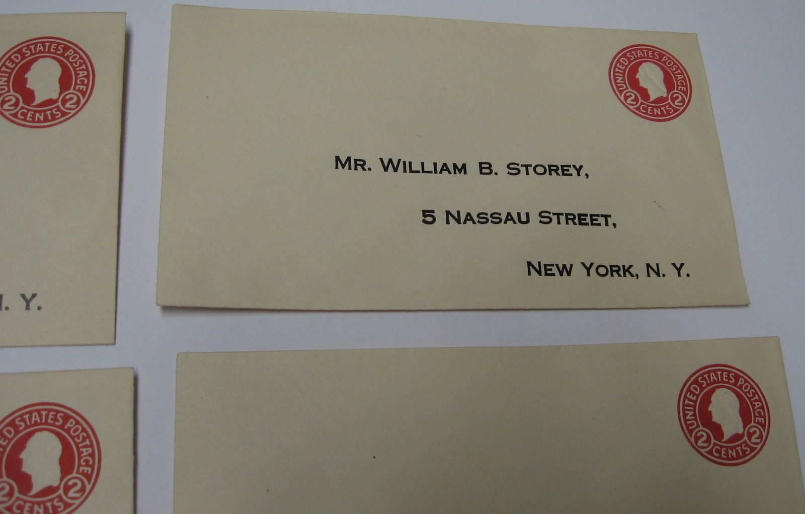 7-Business Envelopes Prepaid 2 cents 1920’s William B. Storey, Nassau St. NY, NY