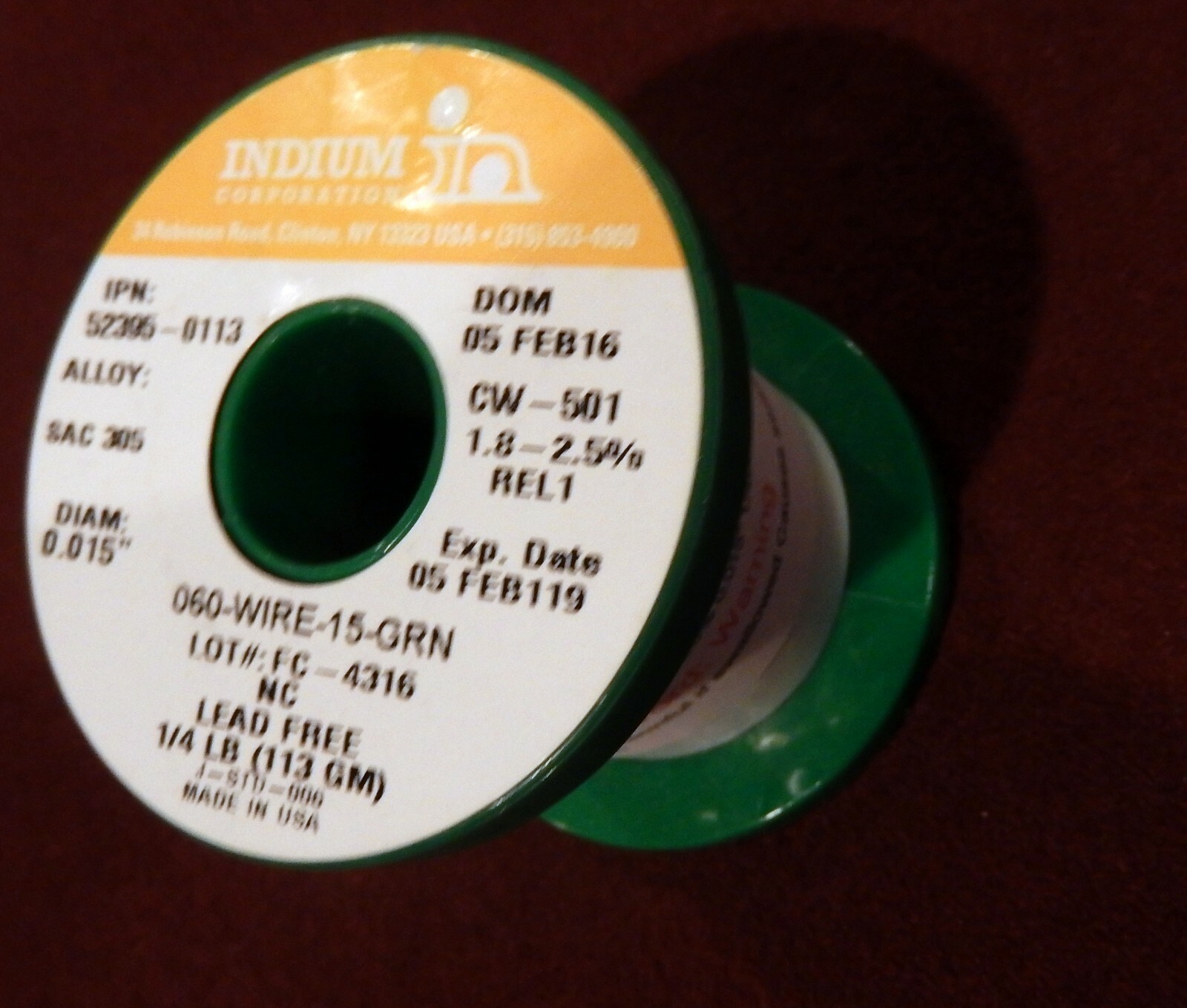 1-New-Soldering Wire Alloy SAC 305 .015 Indium in 1/4 lb.Roll 113 GM