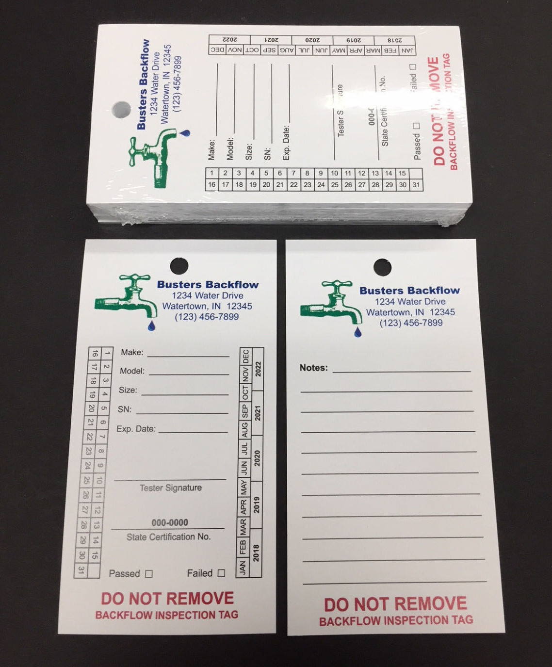 Backflow Inspection Tags – Custom Print – Waterproof – UV Resistant (Pkg of 100)