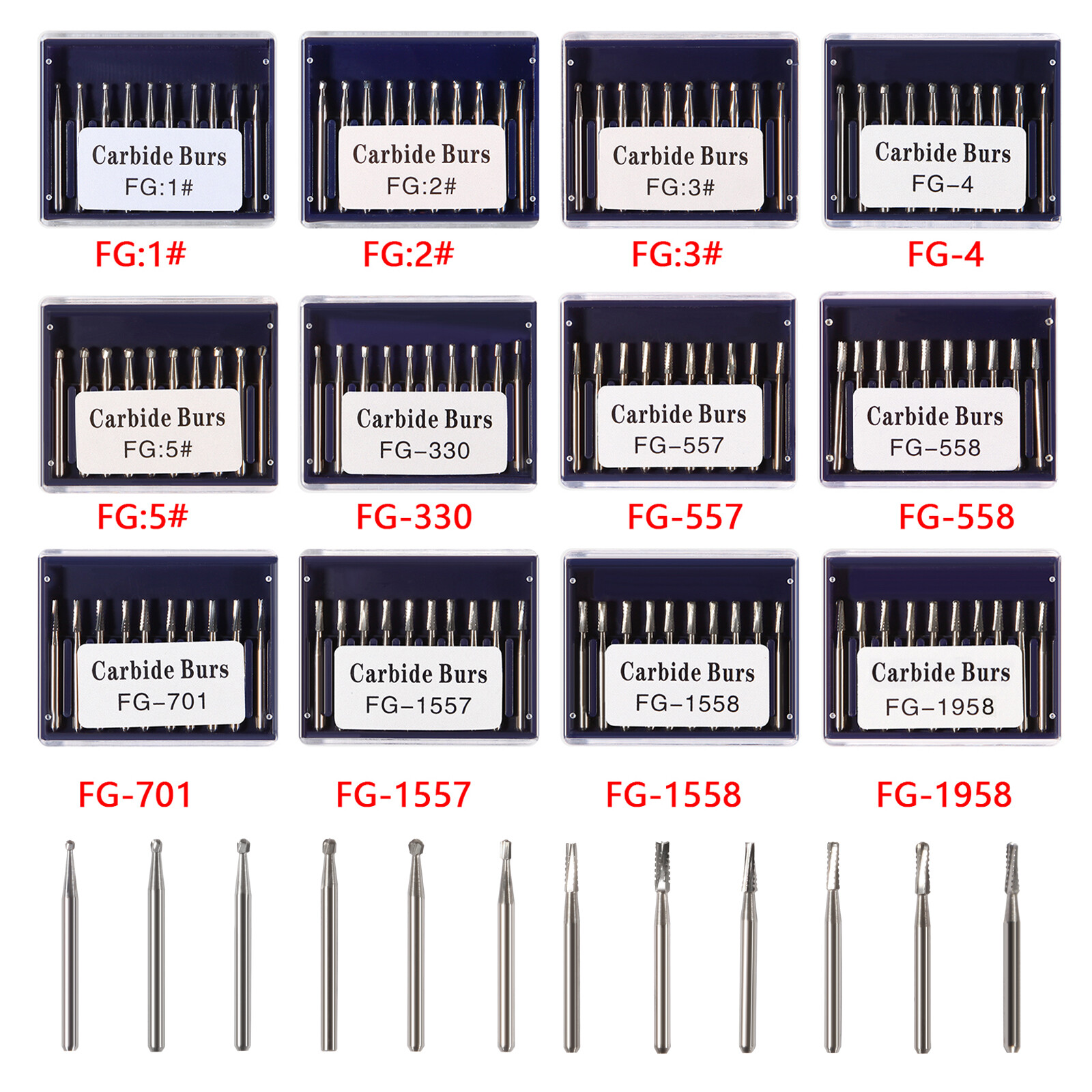 Dental Carbide Burs FG1/2/3/4/5/330 Round for High Speed Handpiece 10 Pcs/set