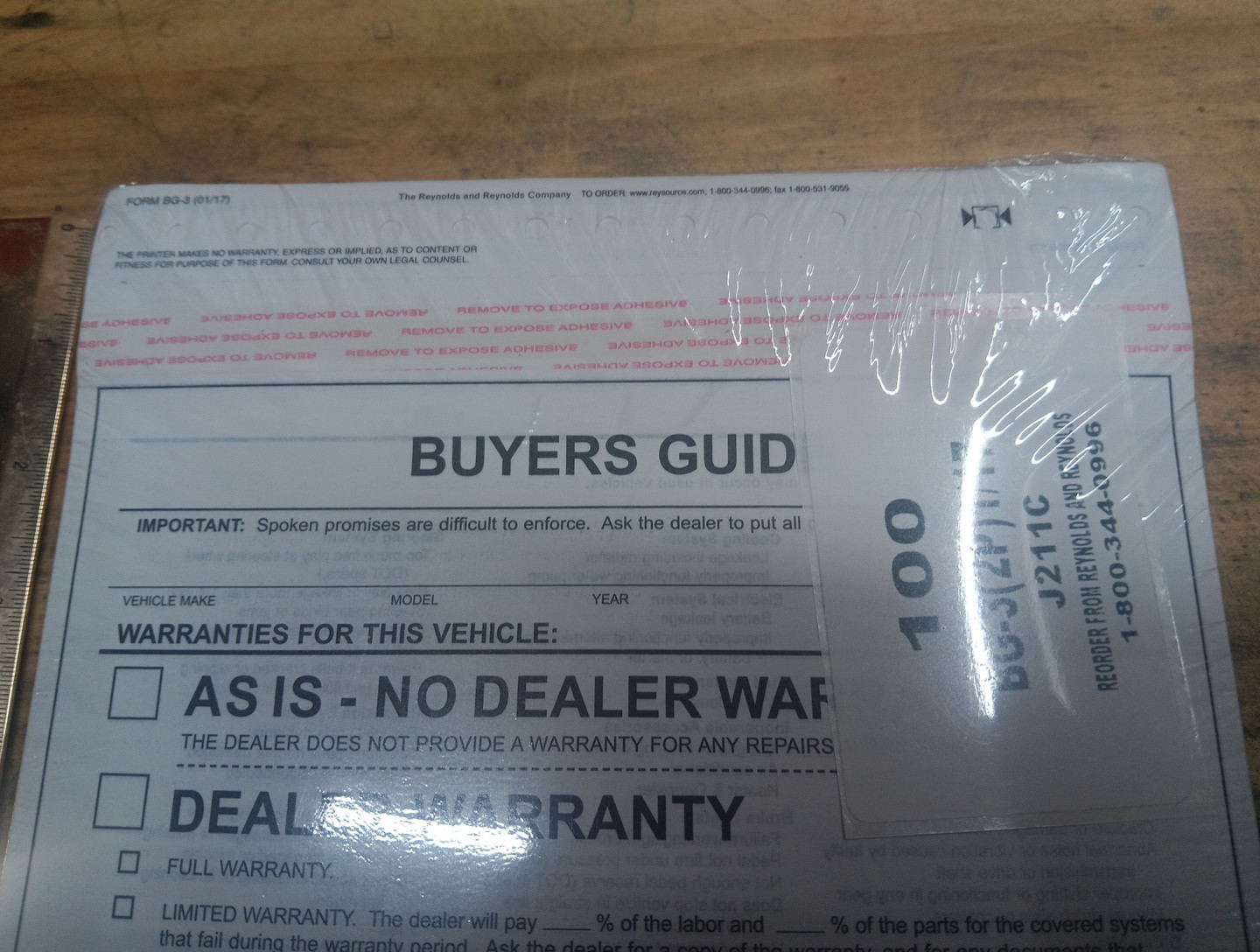 2-PART BUYERS GUIDE FORM FILE COPY NO TAPE IMPLIED WARRANTY 100 PER PACK BG-3
