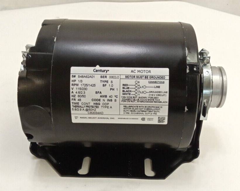 Century CB2034AD Carbonator Pump Motor 1/3HP 115/230V 1725RPM 4.6A Reversible