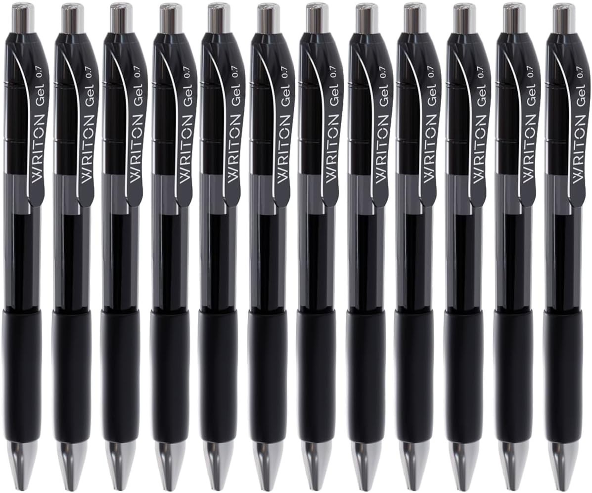 Writon Retractable Gel Pens, Comfort Grip, 0.7mm Fine Point, Black Ink, 12 Pack