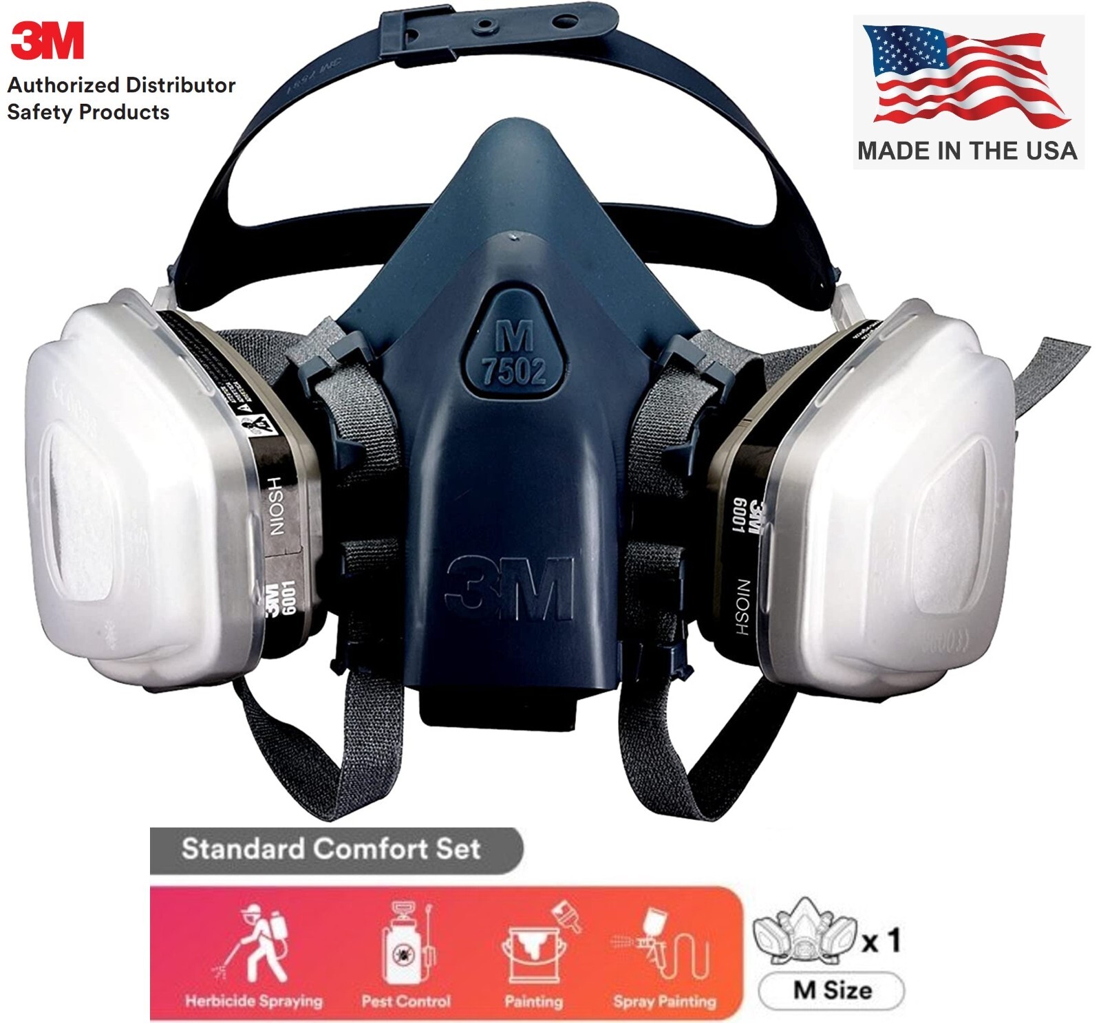 3M 7 IN 1 7502 MD HALF MASK Respirator Protection GAS Spraying Painting USA MADE