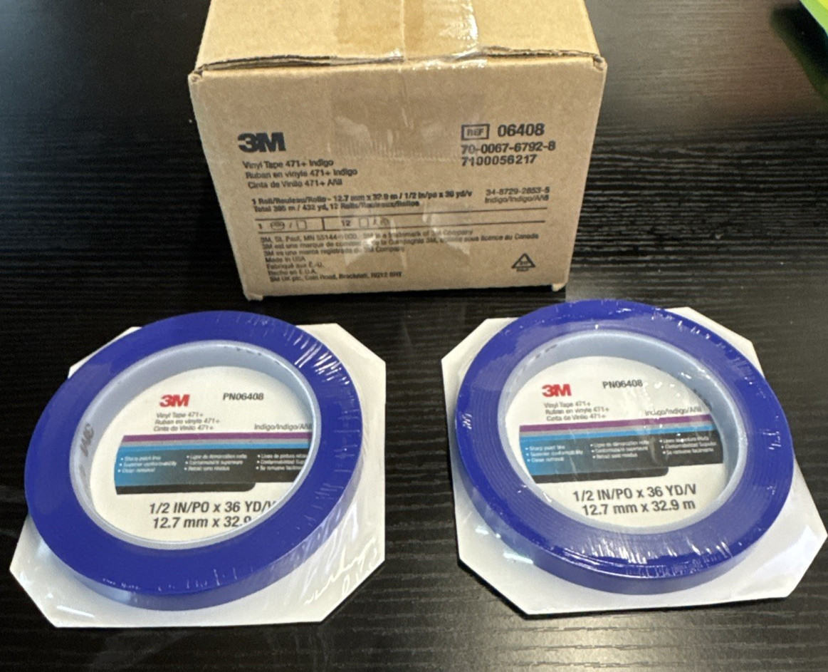 LOT OF 2 ROLLS ~ 3M PN06408 Indigo Blue Vinyl Paint Tape 471 + 1/2″ x 36 Yds