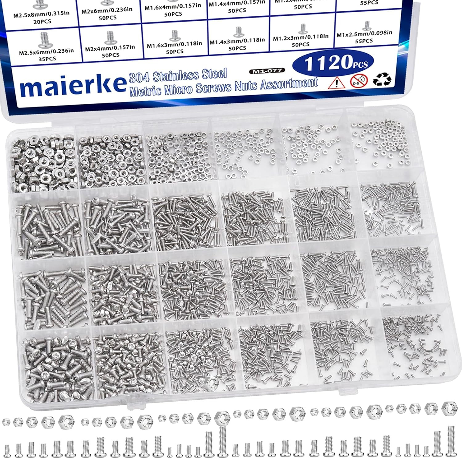 1120Pcs 304 Stainless Steel M1 M1.2 M1.4 M1.6 M2 M2.5 Metric Micro Screws Nuts A