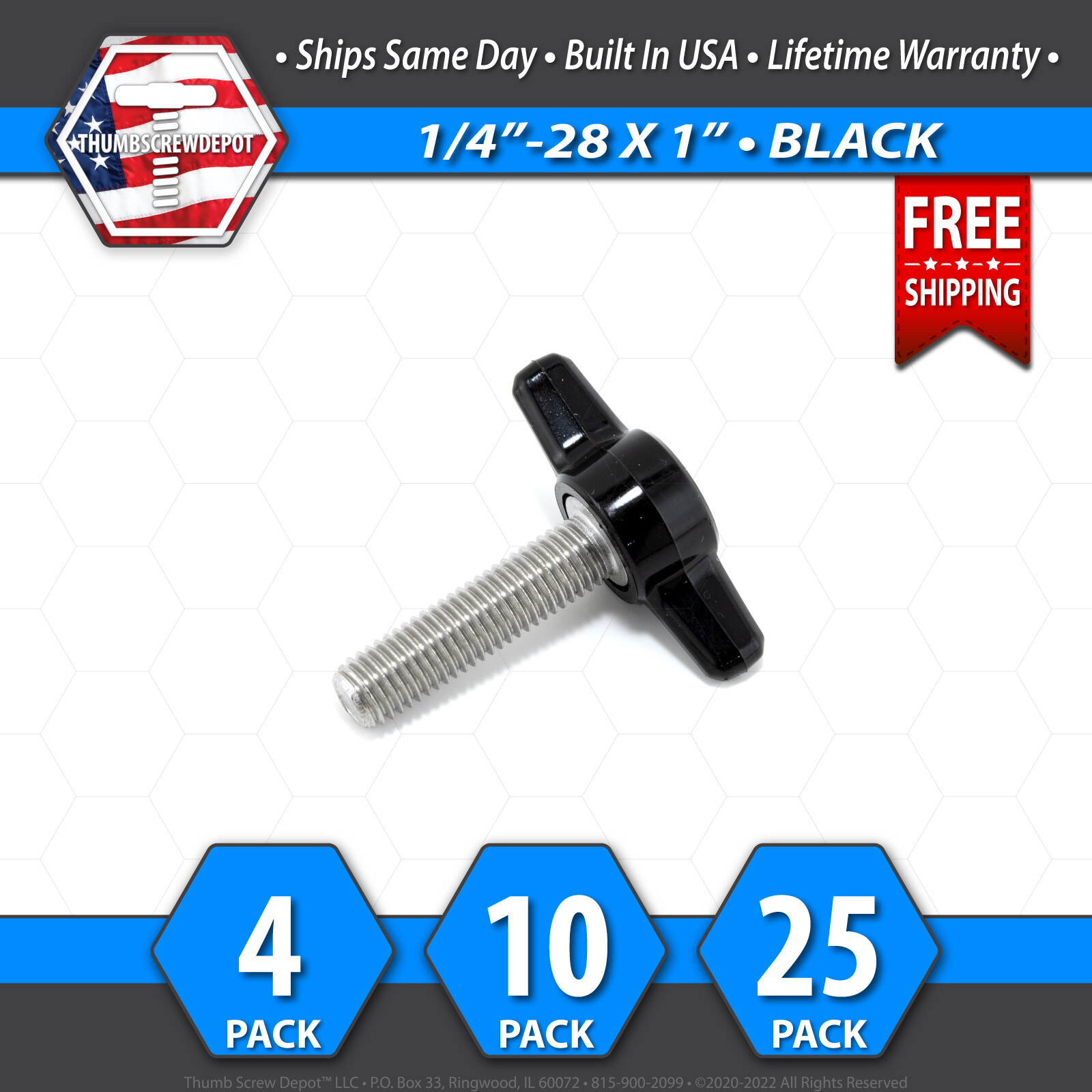 1/4″-28 x 1″ Thumb Screw Stainless Steel – Black Tee / Wing Knob – USA