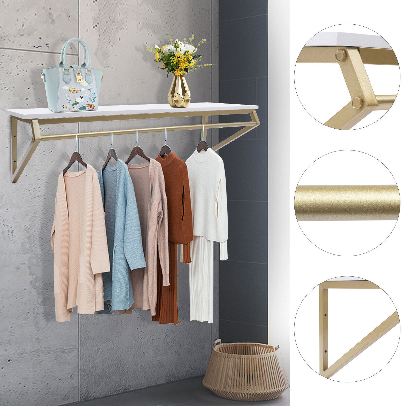 Gold Metal Garment Clothes Rack Clothing Rack Clothes Wall Shelf Hanger Display