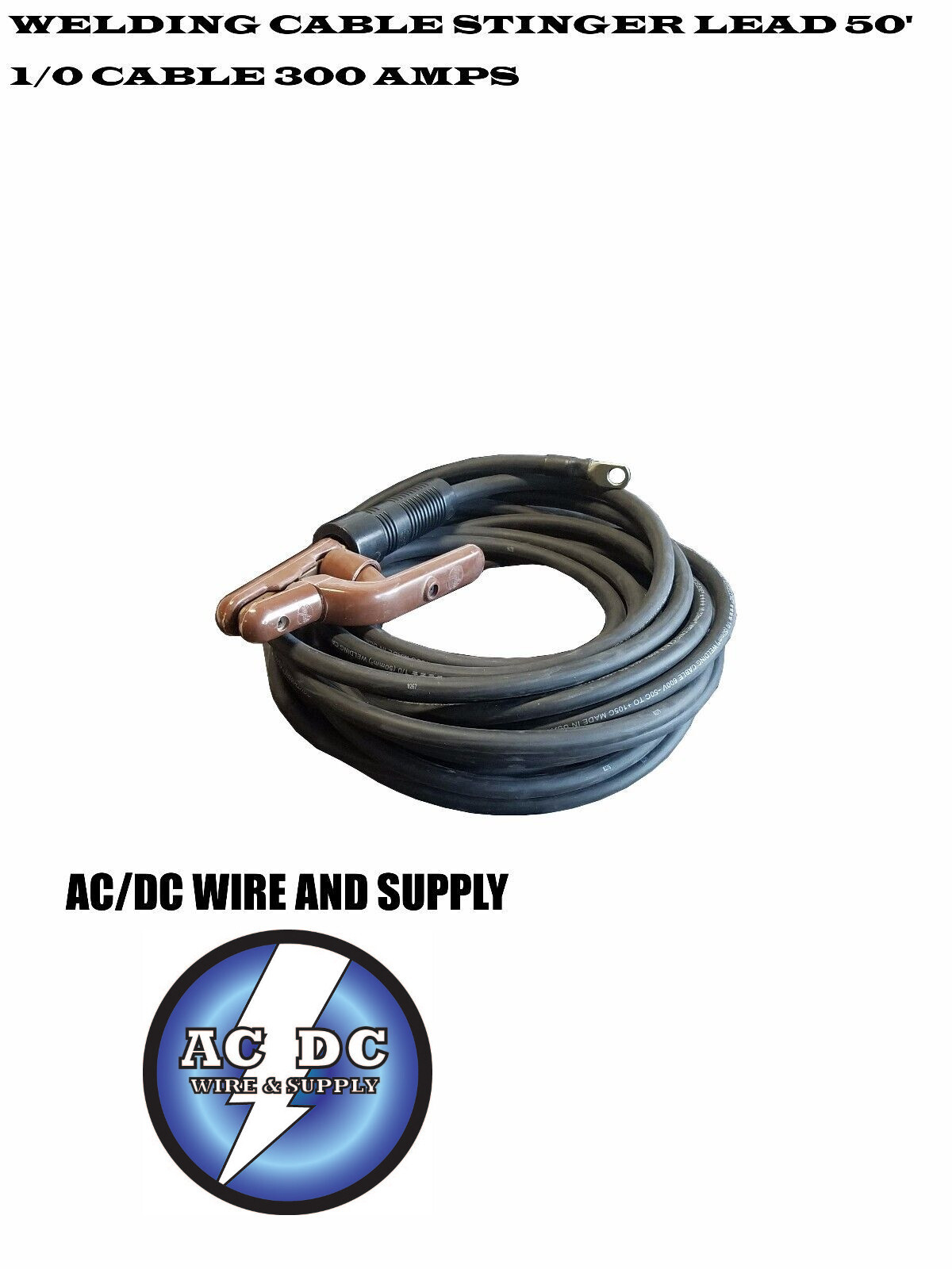 50′ Ft 1/0 Welding Cable Lead with Stinger & Lug BLACK