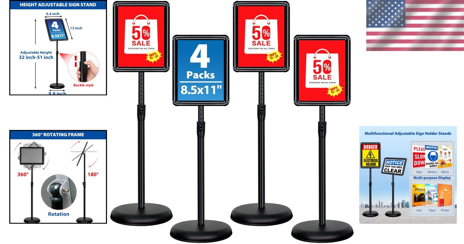 8.5×11 Floor Standing Sign Holder, 4 Pack, Stable Black Base
