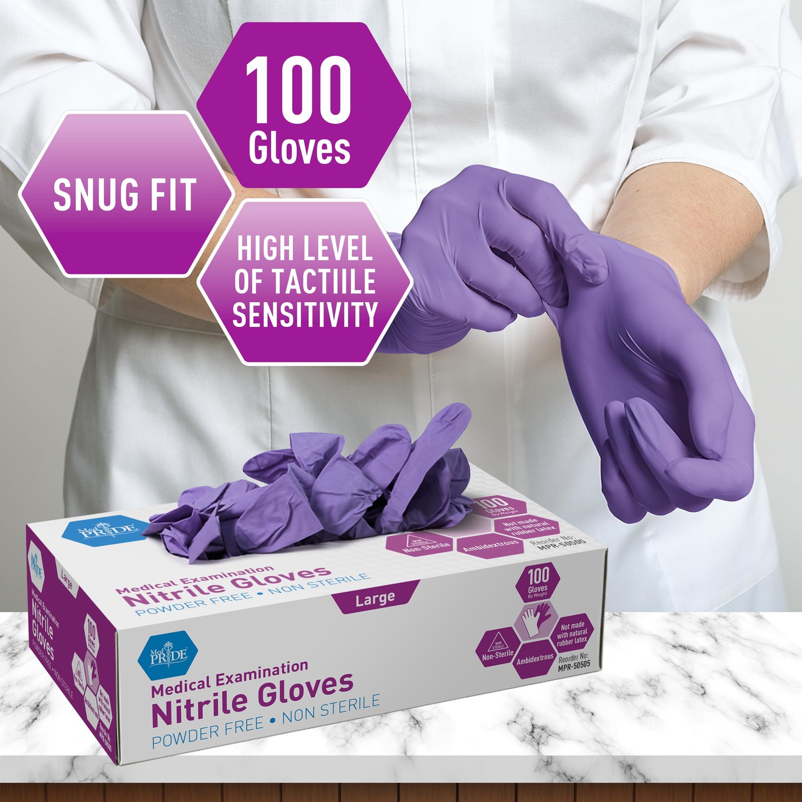 MedPride Powder-Free Nitrile Exam Gloves, Large, Large (Pack of 100), Blue