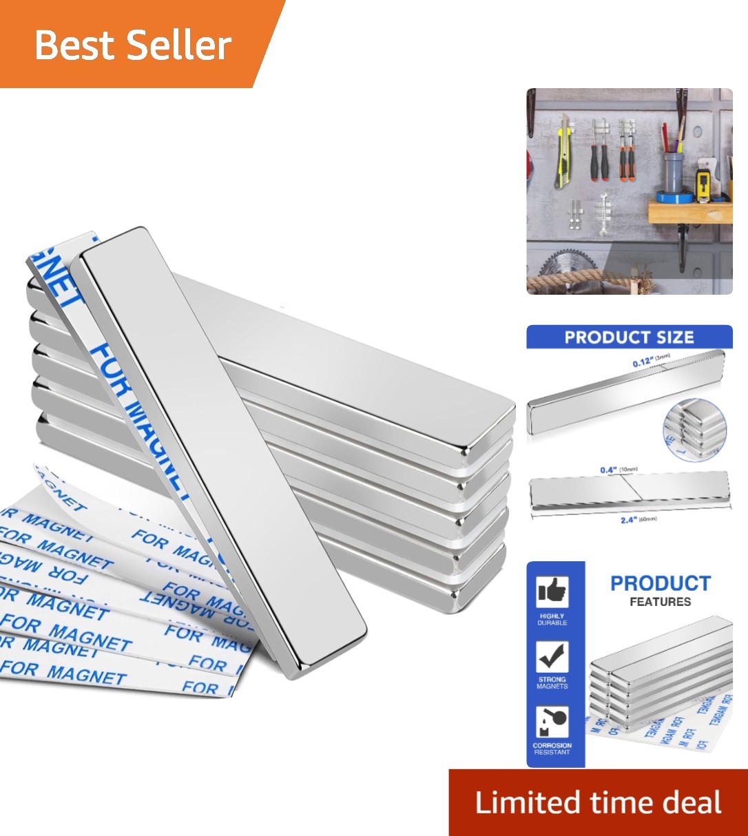 Powerful Rare Earth Magnets 6pcs – Ultra Sticky Adhesive 60x10x3mm, Silver