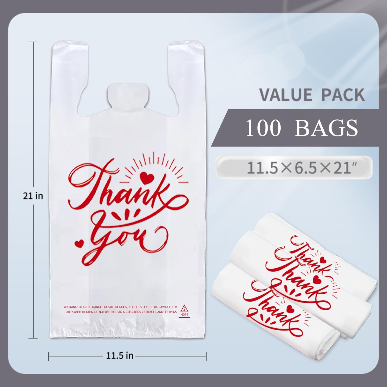 Thank You T-Shirt Bags 11.5″x6.5″x21″ Reusable Grocery Bags with Handles 100pcs