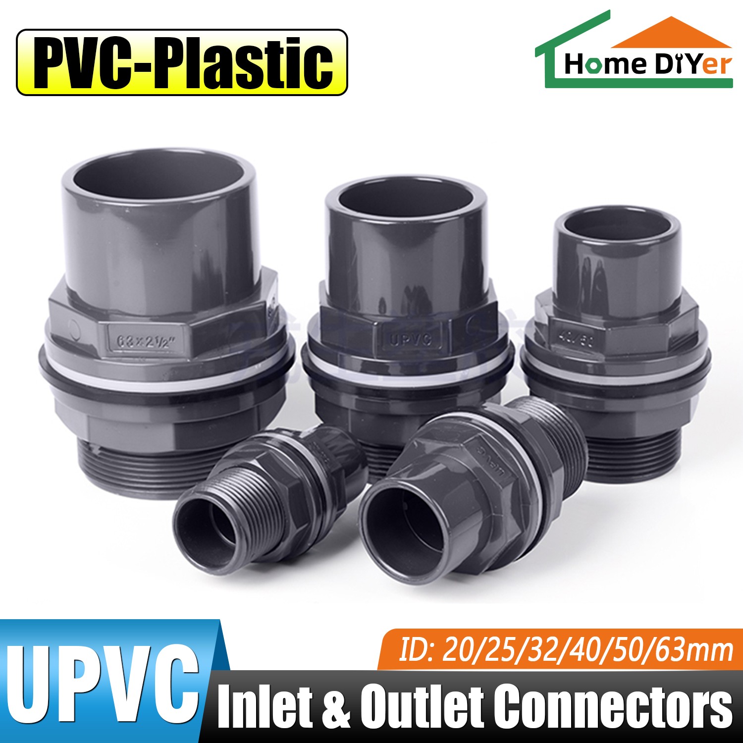 20-63mm ID UPVC BulkHead Fish Tank Fitting Water Pipe Joint Adapter Connector