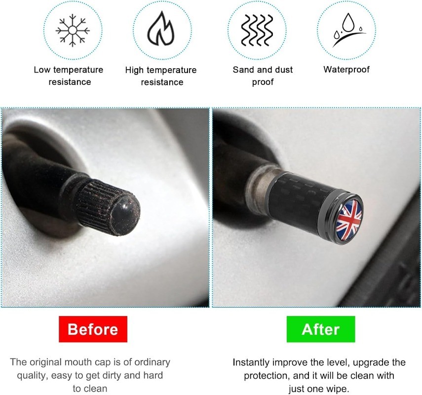 4 PCS Car Tire Valve Stem Caps, Leakproof Auto Rim W Size: UK FlagColor: Black