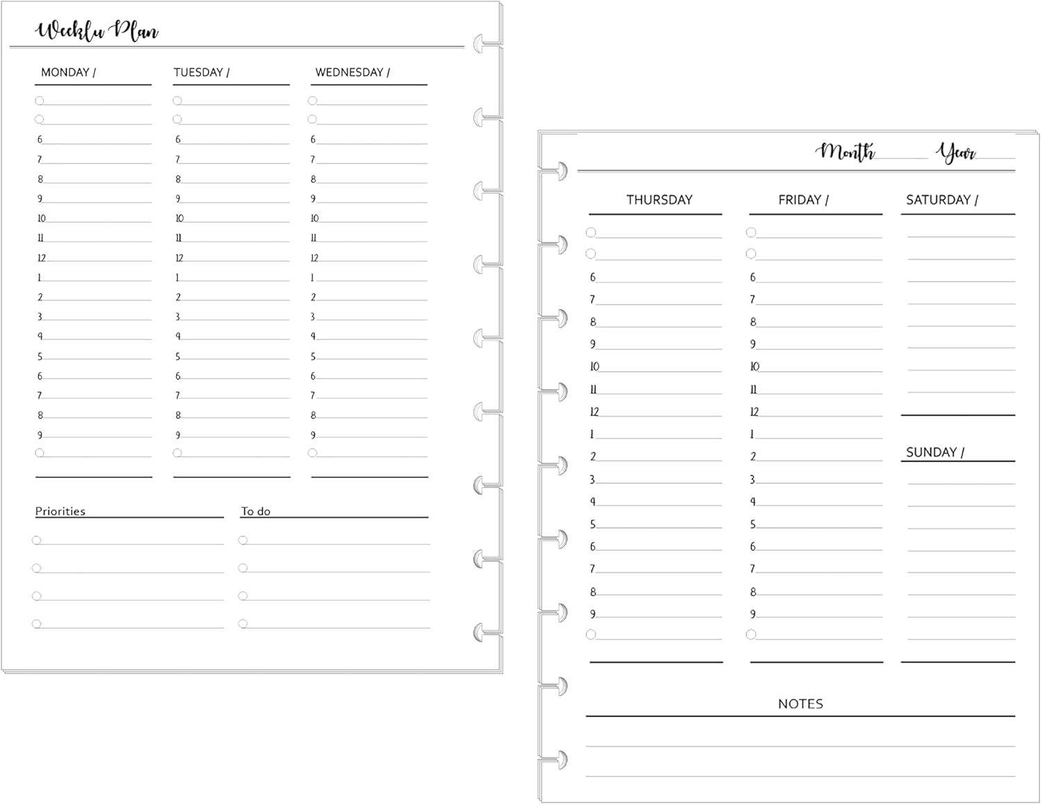 Undated Weekly Planner Inserts for 6 Months, Fits 9 Disc Planners Calendar Refil
