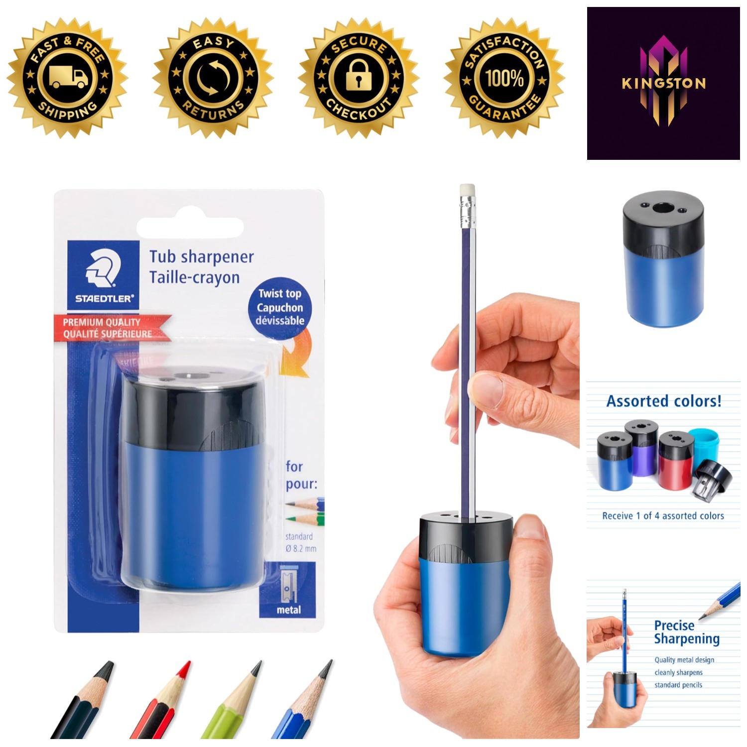 Portable Pencil Sharpener with Metal Blade – 1.5×1.5×2 Inches, Assorted Colors