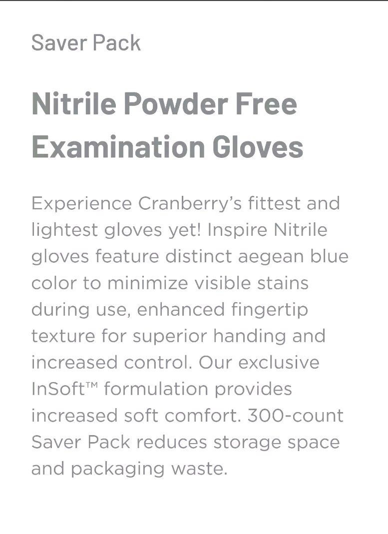 Inspire Nitrile Powder Free Exam Gloves By Cranberry 300 /bx Large / Blue.