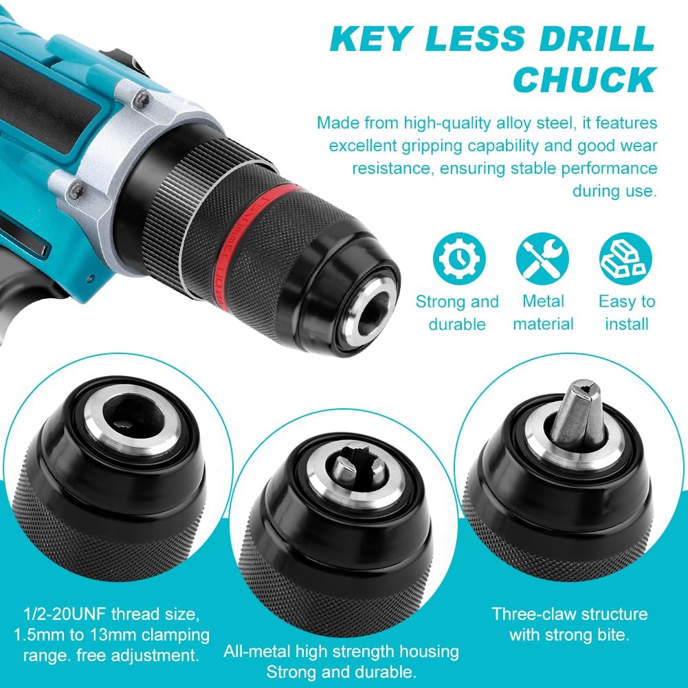 1/2 To 3/8 Impact Adapter, Keyless Drill Chuck 1/220unf Mount 1.513mm SelfTig…