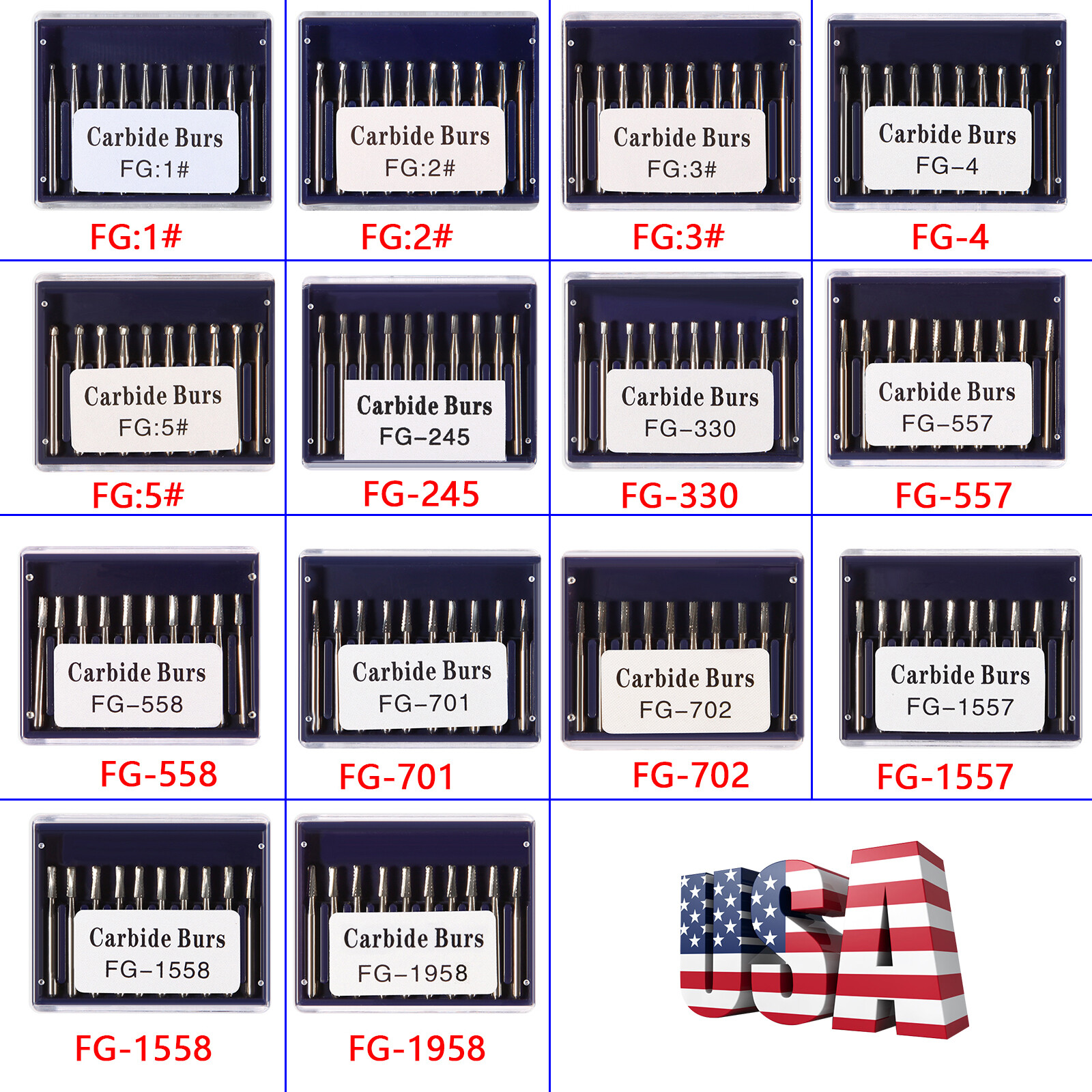 Dental Tungsten Carbide Steel Burs FG1 FG2 FG245 FG330 for High Speed Handpiece