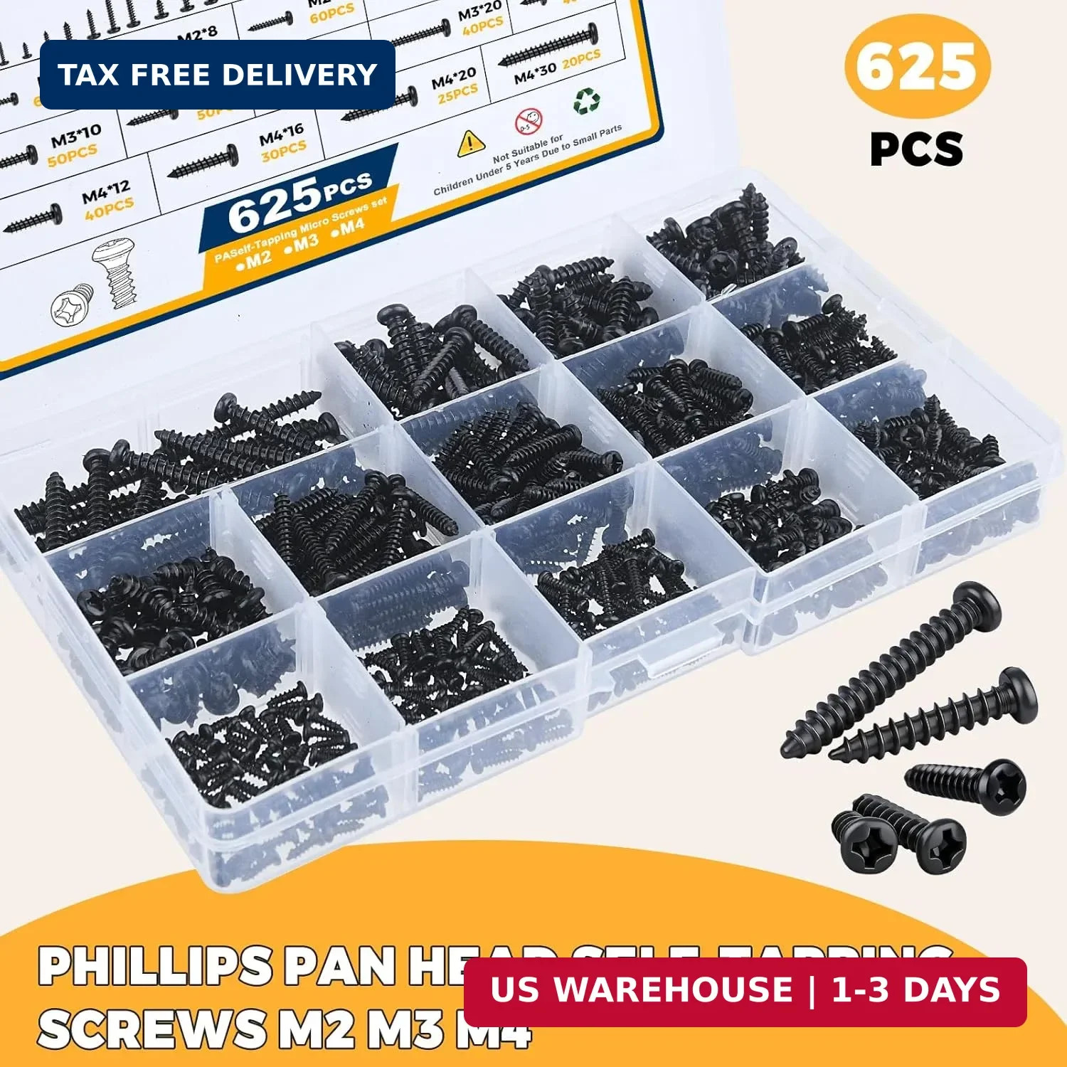 625 Pcs 14 Size Small Self Tapping Screws for Plastic and Metal, M2,M3,M4 Philli