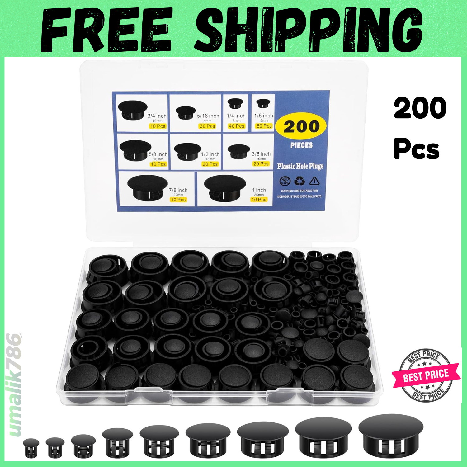200Pcs 9 Sizes Nylon Plastic Hole Plugs Black Round Hole, Flush Type Panel